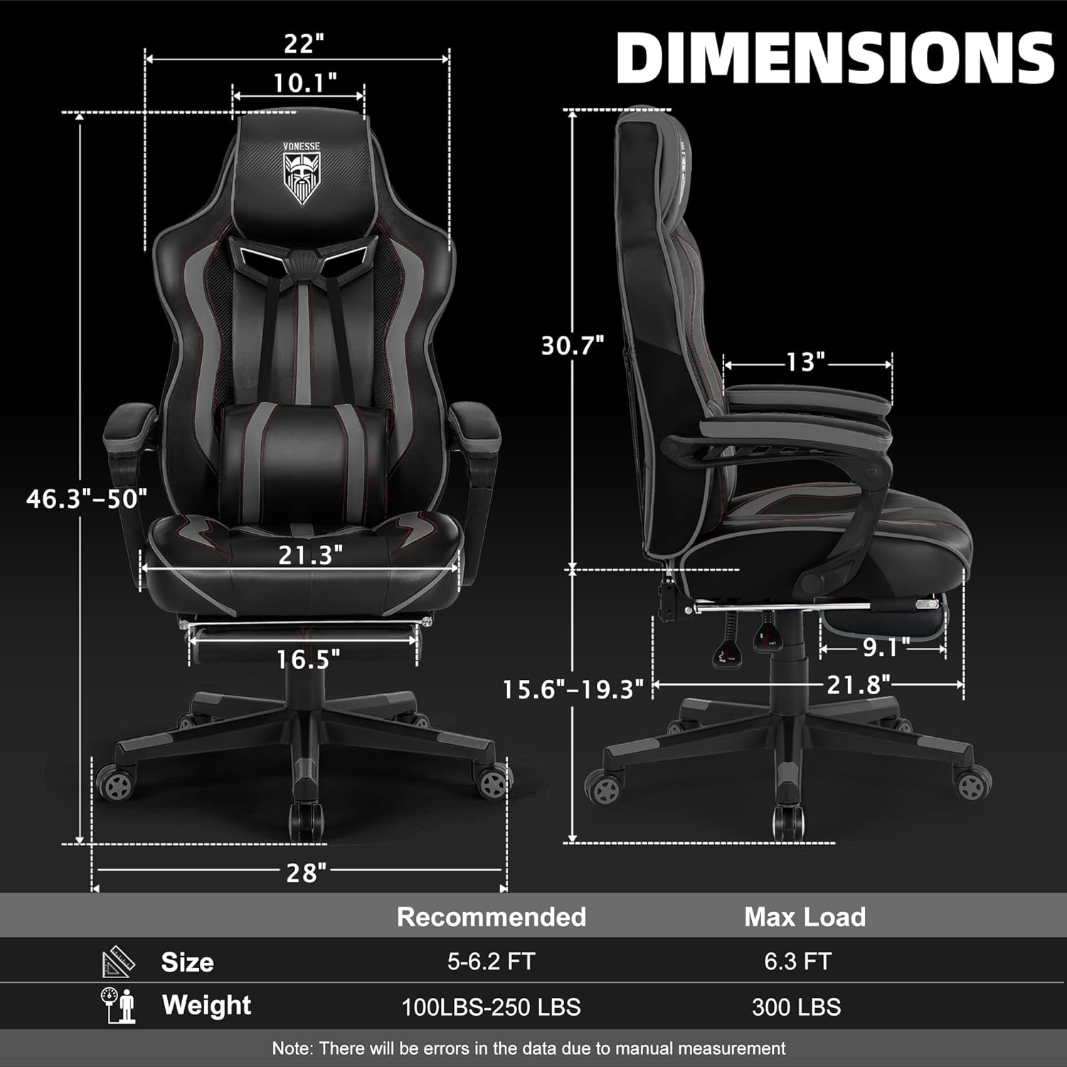 Vonesse Gaming Chair for Adults, Reclining Gaming Chairs with Footrest and Massage, Computer Gaming Chair for Heavy People,Ergonomic Gamer Chair Big and Tall (Black/Gray)