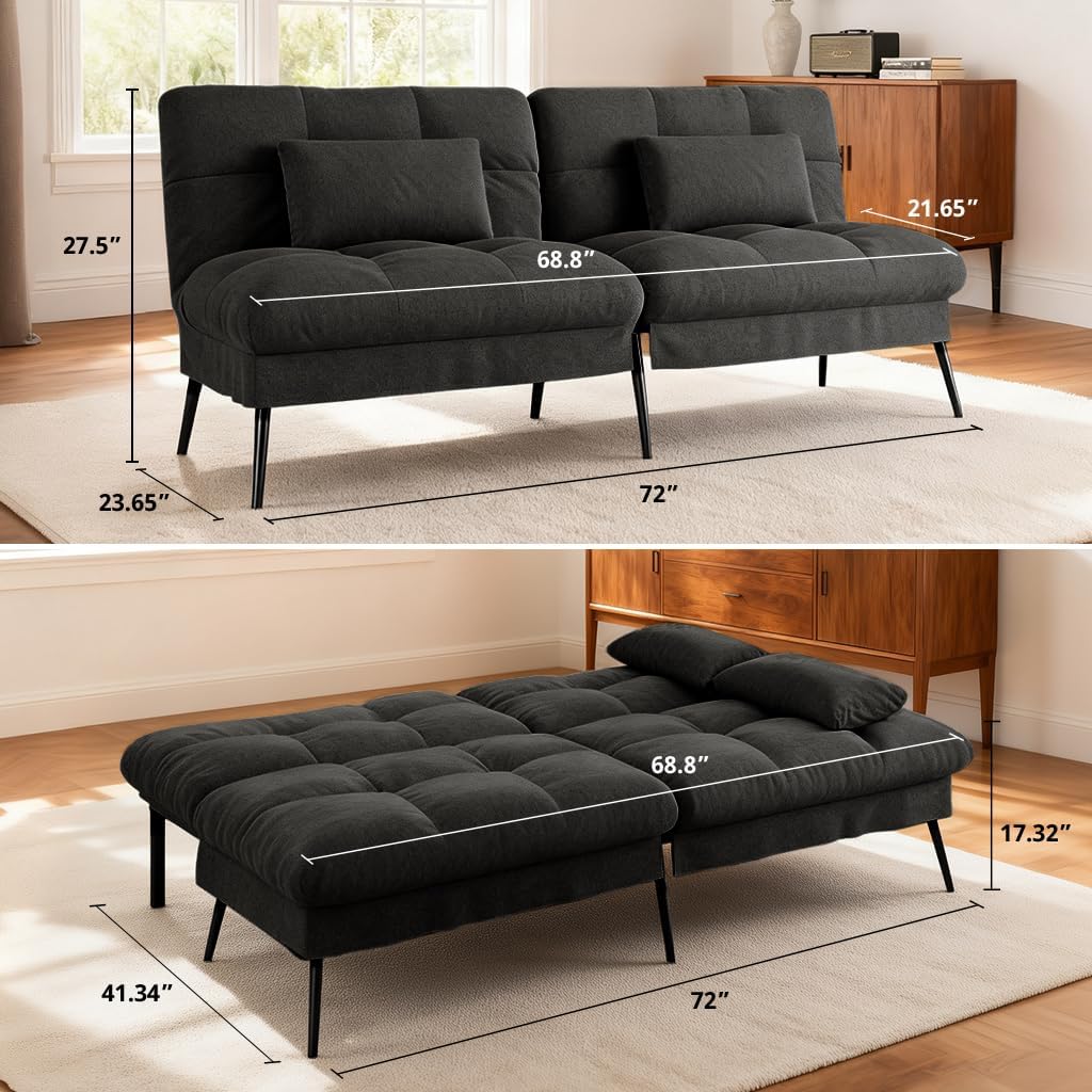 COMHOMA Convertible Futon Sofa Bed, 72″Fabric Futons Couch with Adjustable Backrest, Folding Sleeper Recliner for Living Room Furniture (Black)