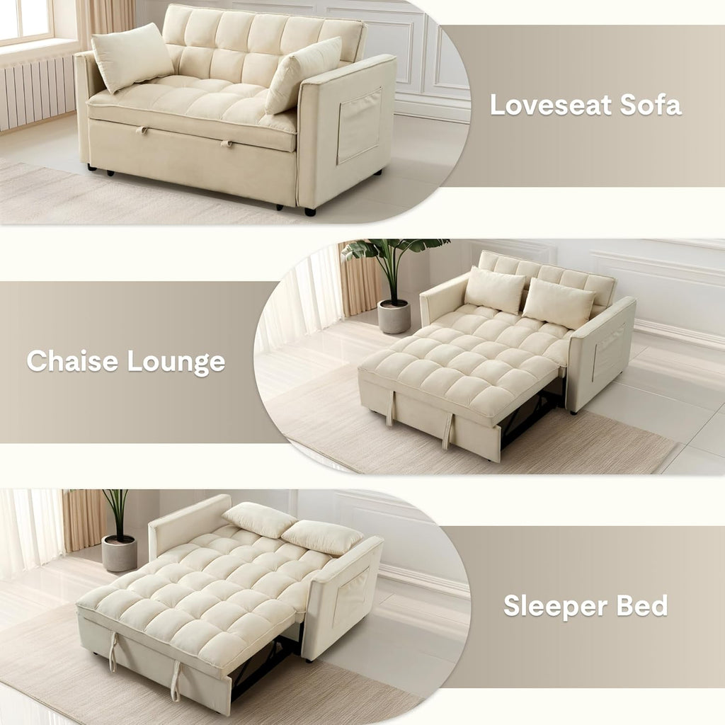 FLEXISPOT XCT4 Pull Out Couch, 3-in-1 Sleeper Sofa Bed with Adjustable Backrest, Loveseat Sleeper with Pillows & Side Pockets, Convertible Futon Couch for Small Spaces Guest Room Apartment, Cream