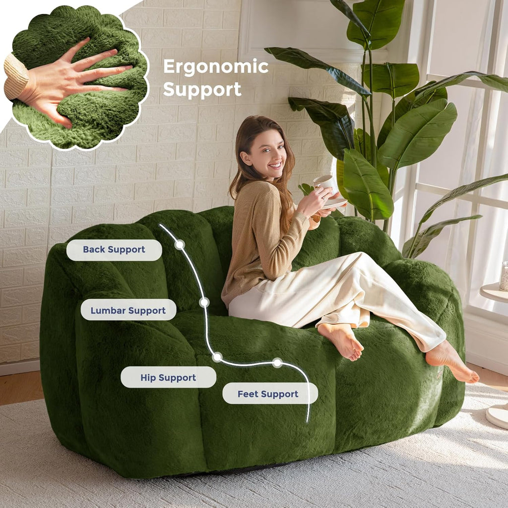 MAXYOYO Bean Bag Chair for Adults, Loveseat Floral Shaped Bean Bag Sofa, Ultra Soft Love Seat Mini Sofa Couch, Faux Fur Reading Chair for Living Room Bedroom, Green