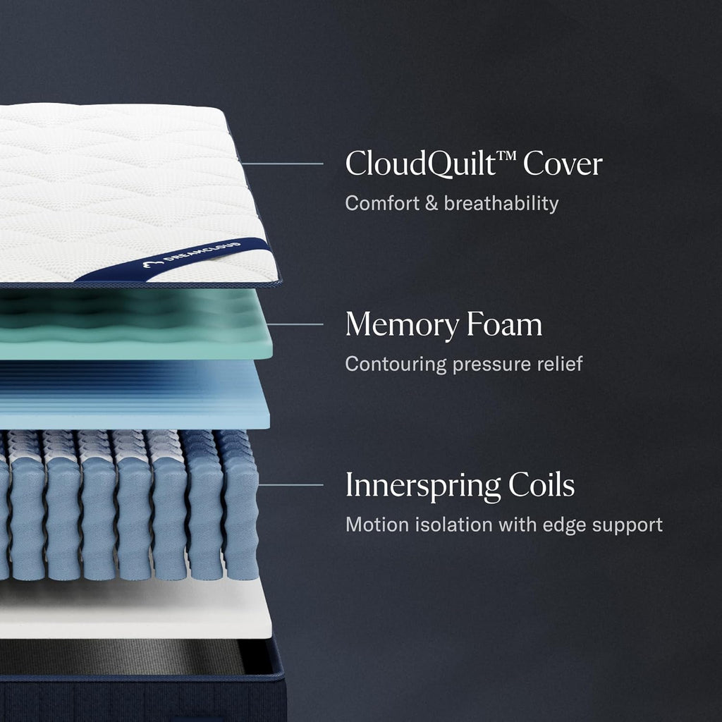 DreamCloud Classic 12" Queen Mattress - Luxury Hybrid Gel Memory Foam - 365 Night Trial - Back Pain Relief - Fiberglass Free - Forever Warranty - Mattress in a Box - CertiPUR-US Certified