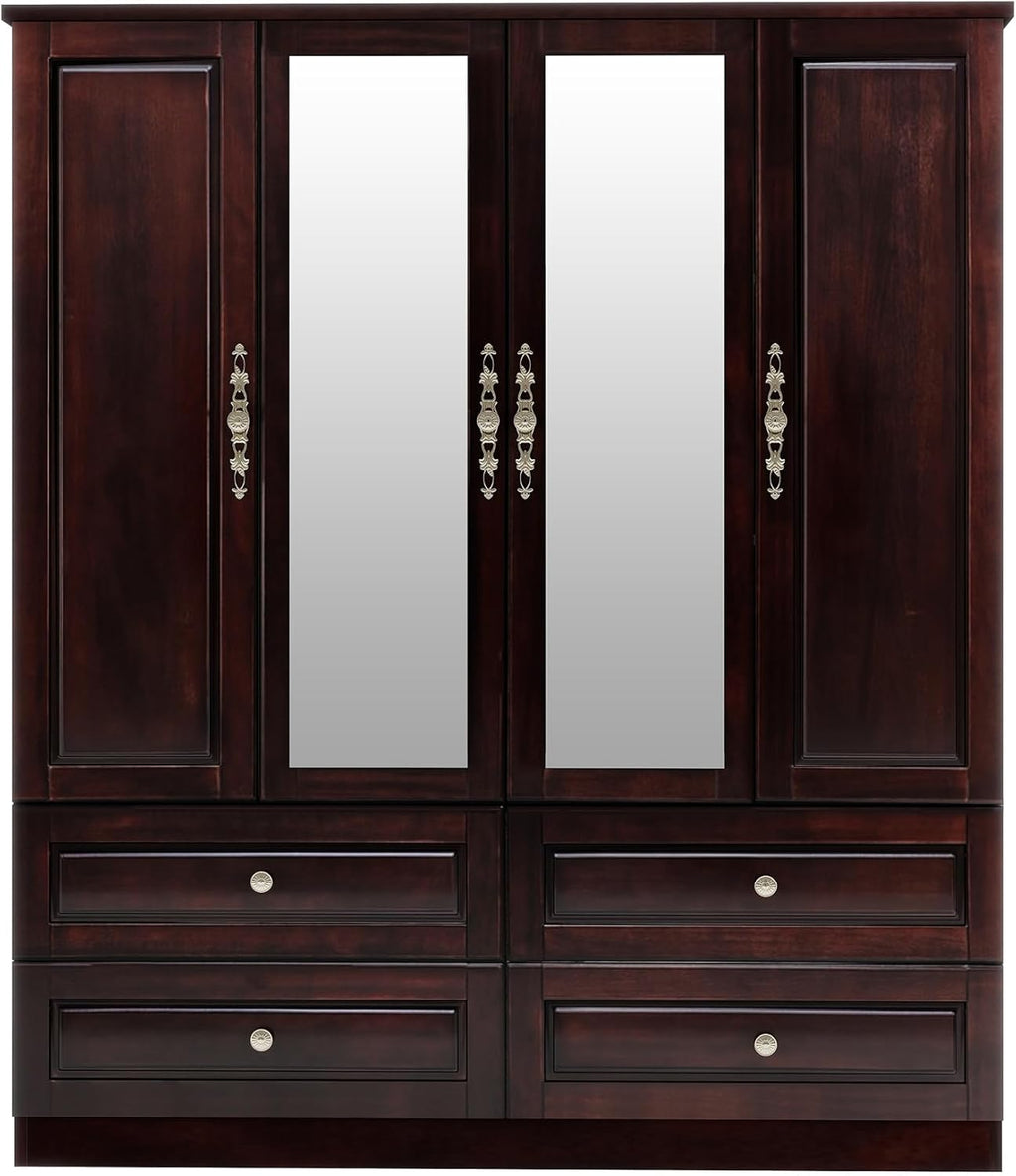 Solid Wood Armoire Wardrobe Closet: 70.87"Large Wardrobe Cabinet Storage,Clothes Organizer with Mirror,Doors,Shelves,Hanging Rods and Drawers,American Style Freestanding Bedroom Brown Black Finish
