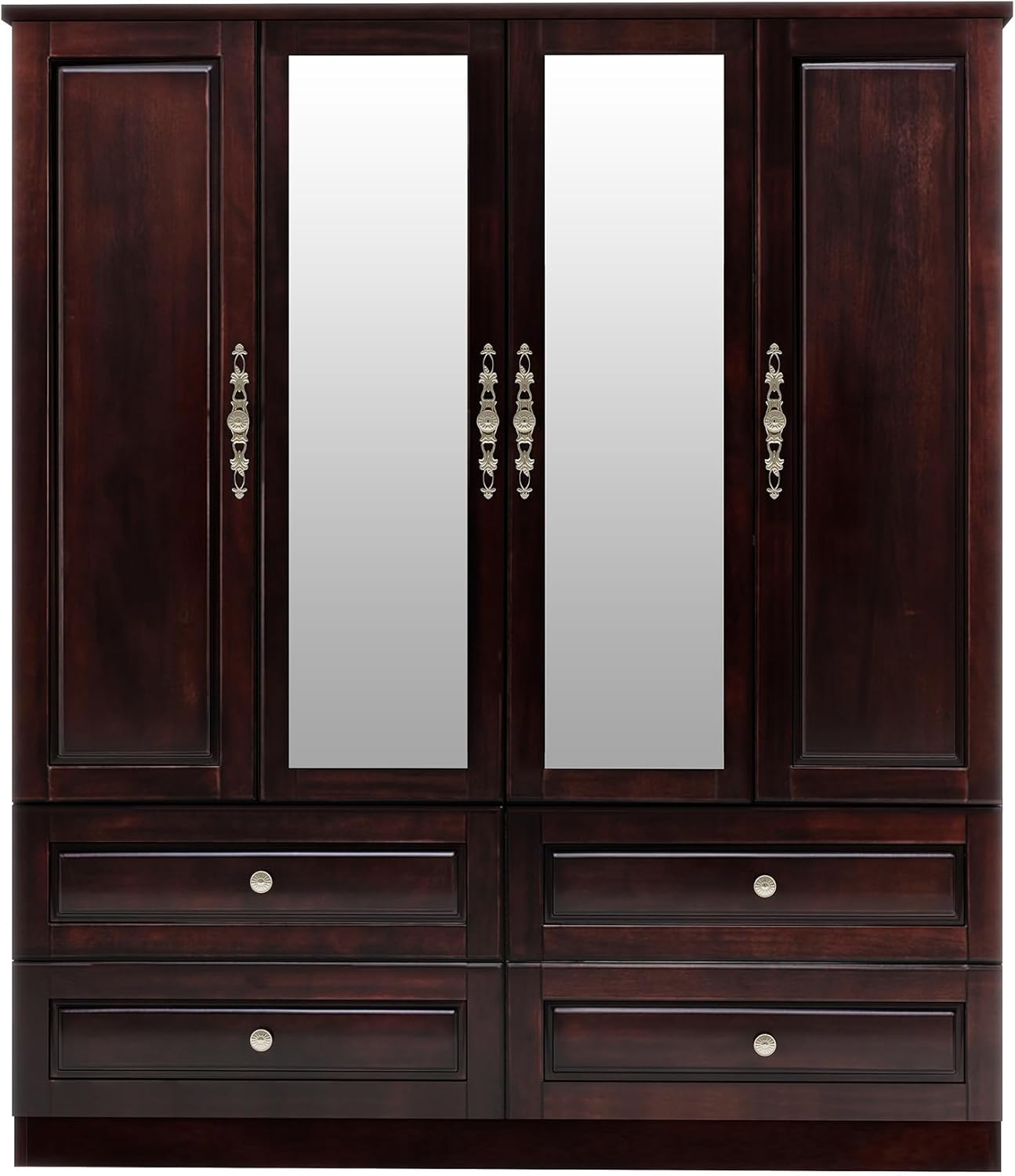 Solid Wood Armoire Wardrobe Closet: 70.87"Large Wardrobe Cabinet Storage,Clothes Organizer with Mirror,Doors,Shelves,Hanging Rods and Drawers,American Style Freestanding Bedroom Brown Black Finish