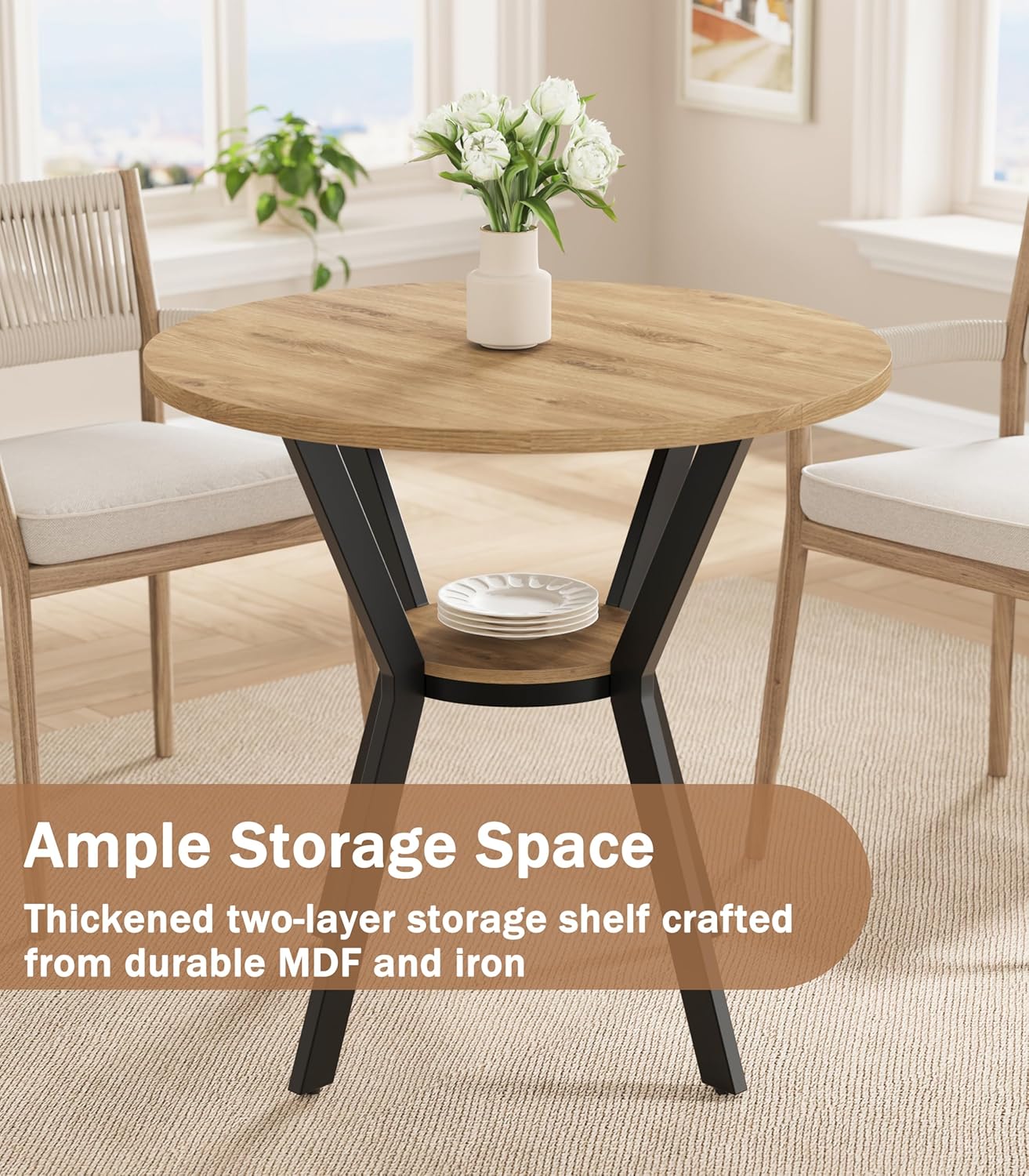 Round Kitchen Tables for 2-4, 31.5" Small Dining Tables with Storage, Rustic Wood Circle Dinner Table with Metal Leg, Farmhouse Dinner Table for Small Space, Dining Room, Kitchen, Office, Apartment