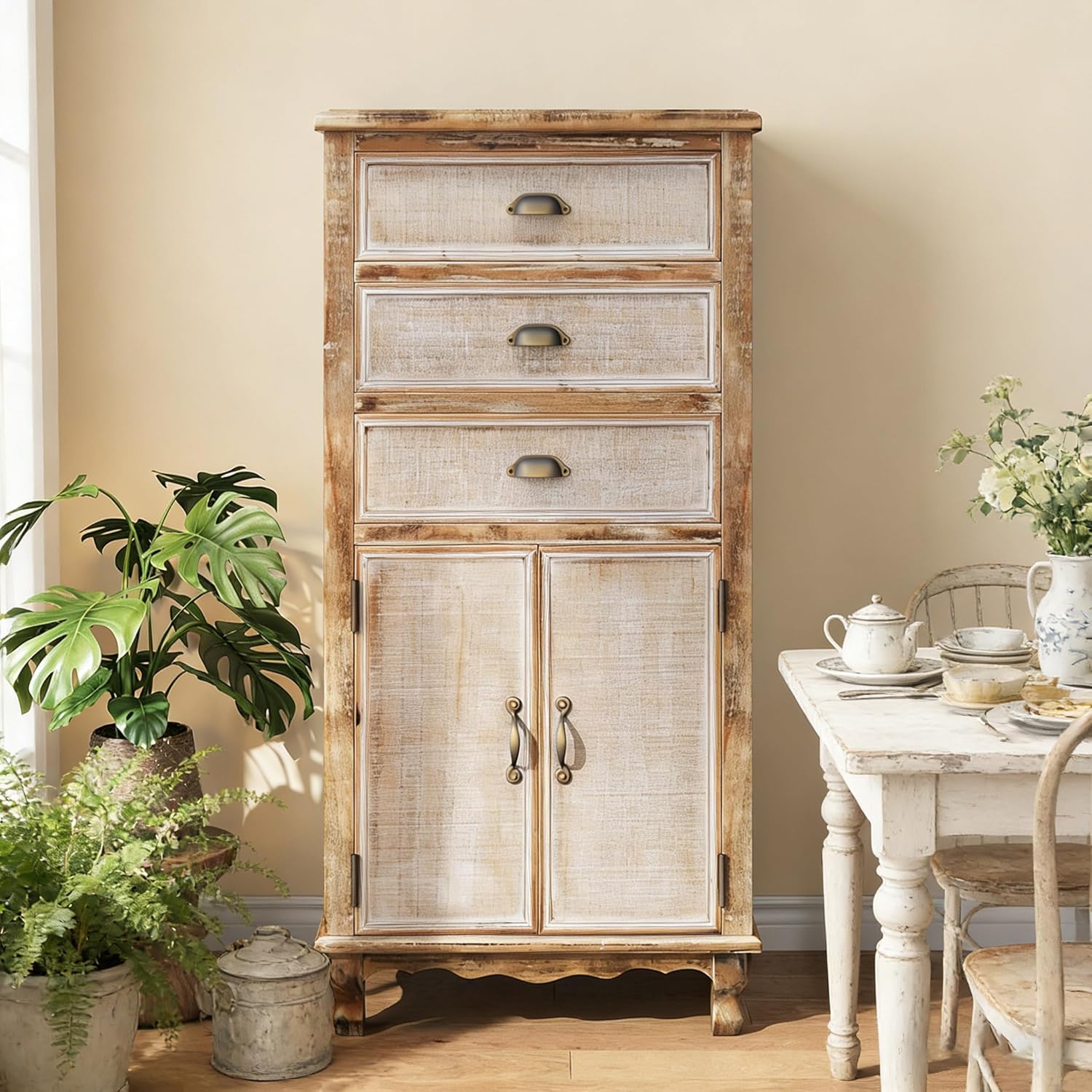 Rustic Tall Storage Cabinet - Distressed Solid Wood Frame Accent Cabinet with 3 Drawers & 2 Doors, Farmhouse Freestanding Floor Cabinet for Entryway, Living Room, Hallway