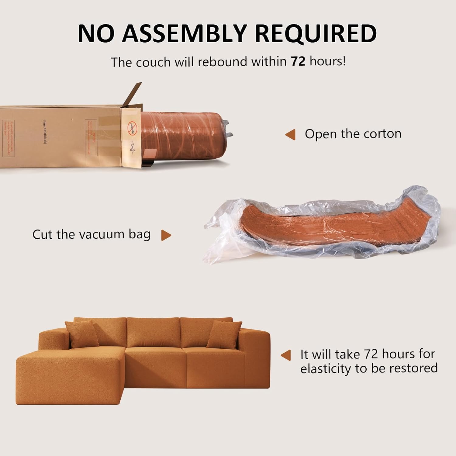 108" Orange Boneless Cloud Couches for Living Room L Shapes Sectional Sofa with Chaise Lounge, Comfy Teddy Fabric Memory Foam Couch Including Throw Pillow and Backrest - Removable Washable