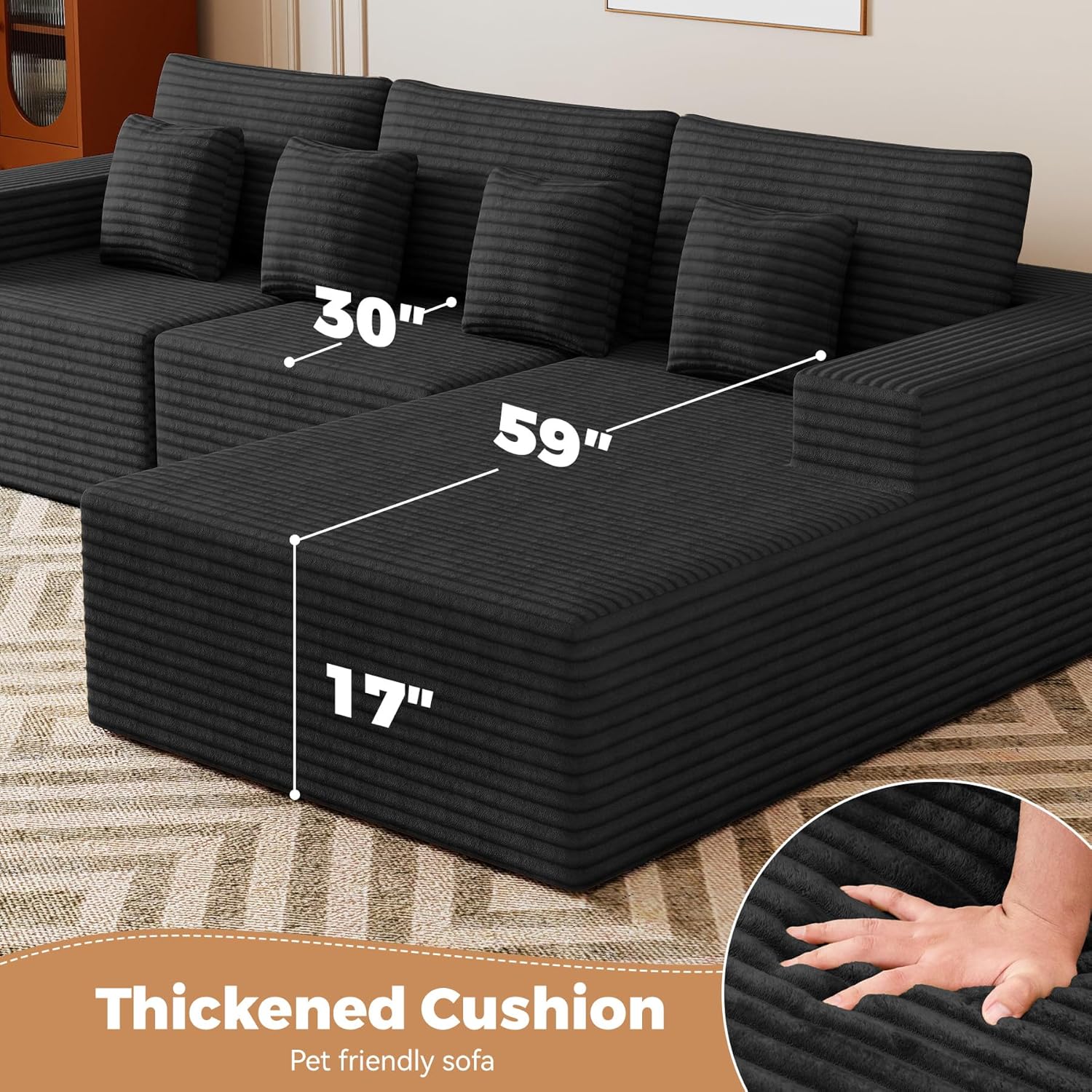 111'' Modular Sectional Cloud Couches with L Shaped Chaise, Upholstered Deep Seat Boneless Sofa for Living Room, Bedroom, No Assembly Required-Black 1PCS(Corduroy Fabric)