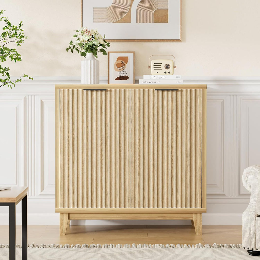 Fluted Cabinet with Storage, 2 Doors Sideboard Buffet, Mid Century Modern Accent Cabinet with Adjustable Shelves, Multifunctional Console Table with Storage for Living Room, Kitchen, Entryway