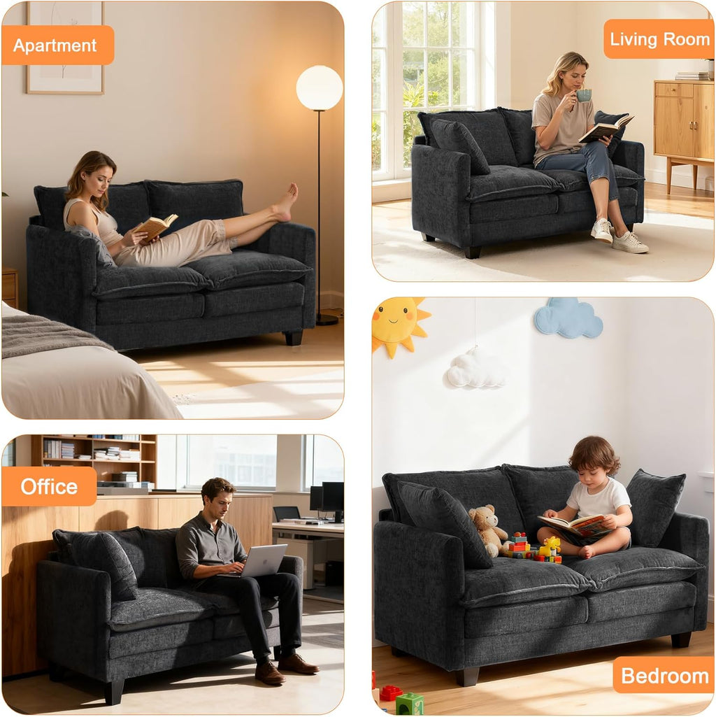 Loveseat Sofa Cloud Sofa Couch 50'', Modern Loveseats 2 Seat Couch 27" Deep Seat with 2 Pillows for Small Spaces Apartment Studio Office Bedroom Living Room 8834-BLACK-1