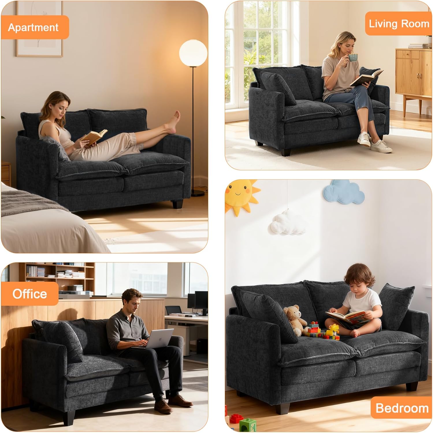 Loveseat Sofa Cloud Sofa Couch 50'', Modern Loveseats 2 Seat Couch 27" Deep Seat with 2 Pillows for Small Spaces Apartment Studio Office Bedroom Living Room 8834-BLACK-1