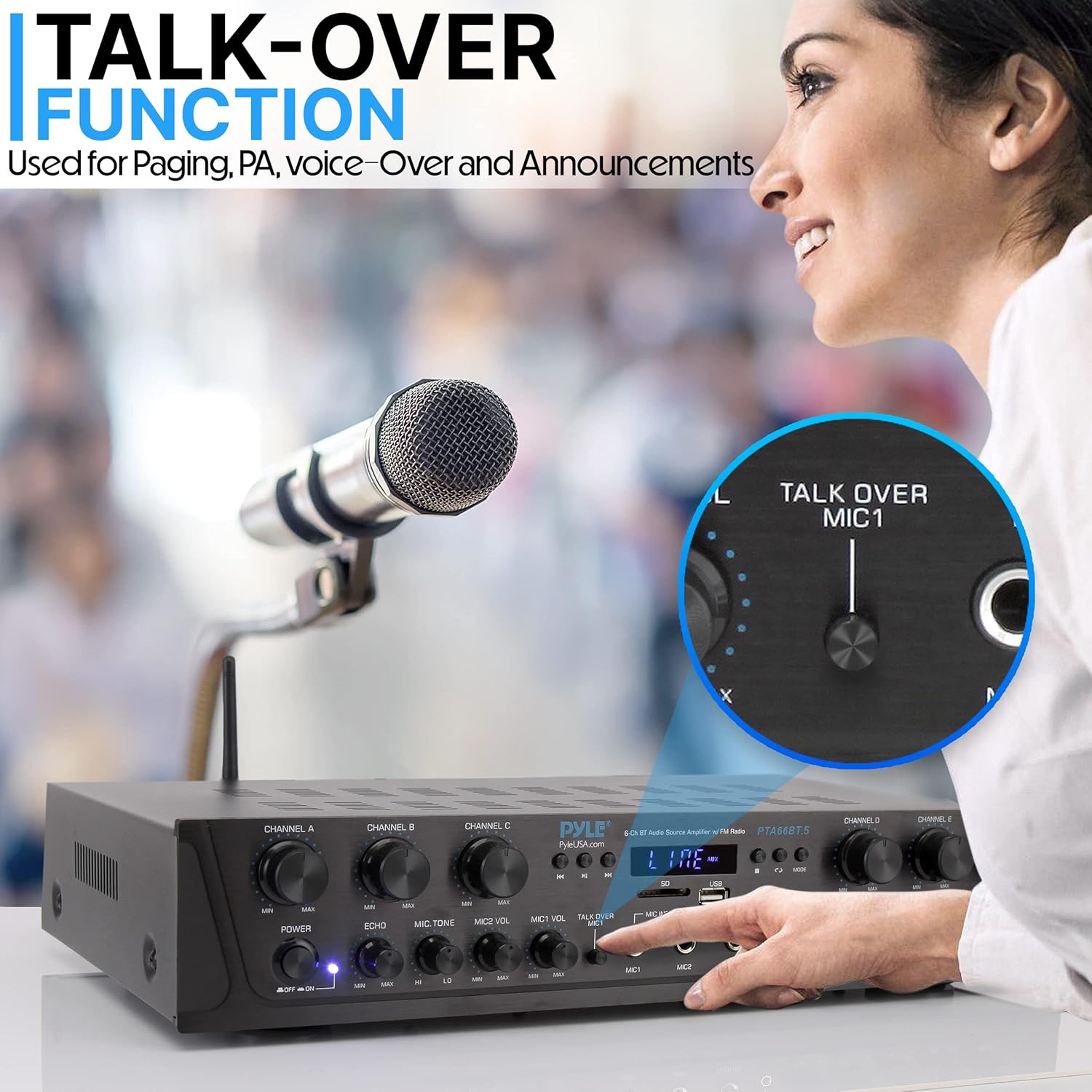 Pyle Bluetooth Home Audio Amplifier - 6 Channel Stereo Receiver Amp, 600 Watt Power, Commercial or Karaoke with Mic Talkover, Headphone Jack, 1/4'' Microphone In, USB SD AUX RCA FM Radio