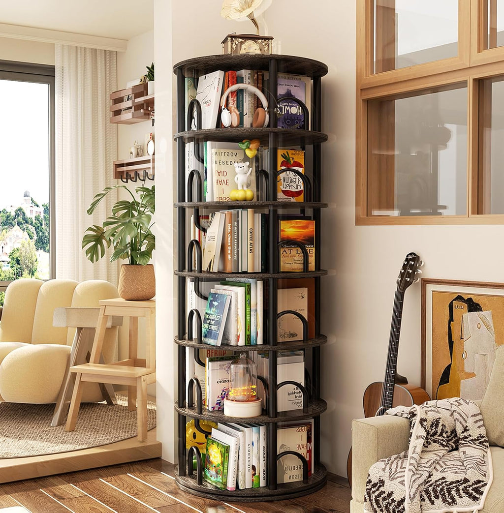 Aheaplus 6 Tier Rotating Bookshelf Tower, Revolving Bookcase, 360° Round Spinning Book Shelf, Narrow Swivel Bookshelves Vertical Turning Corner Bookshelf Organizer for Small Space, Black Oak