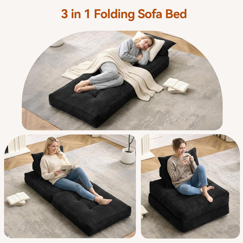 MONVANE Folding Sofa Bed, Fold Out Chair Bed with Pillow, Convertible Sleeper Chair for Living Room/Small Spaces, Foldable Lazy Sofa Bed Floor Chair, Comfy Corduroy Couch Bed, Black
