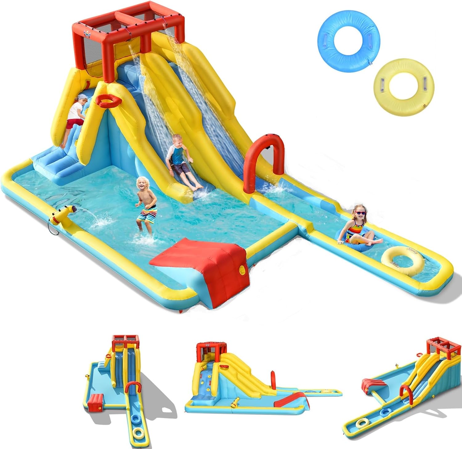 BOUNTECH Inflatable Water Slide, Dual Surfing Slides Kids Water Slide Park Jump Bouncy Castle w/2 Swimming Rings, Large Splash Pool, Blow up Water Slides Inflatables for Big Kids 3-12 Outdoor