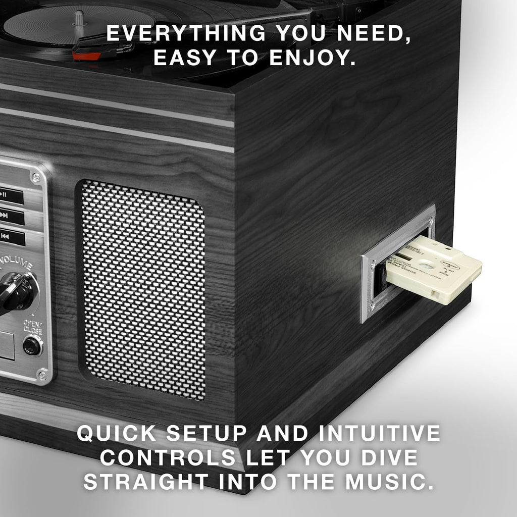 Victrola The Quincy 6-in-1 Bluetooth Record Player & Multimedia Center with Built-in Speakers – 3-Speed Turntable, CD & Cassette Player, FM Radio, Wireless Music Streaming (Mahogony)