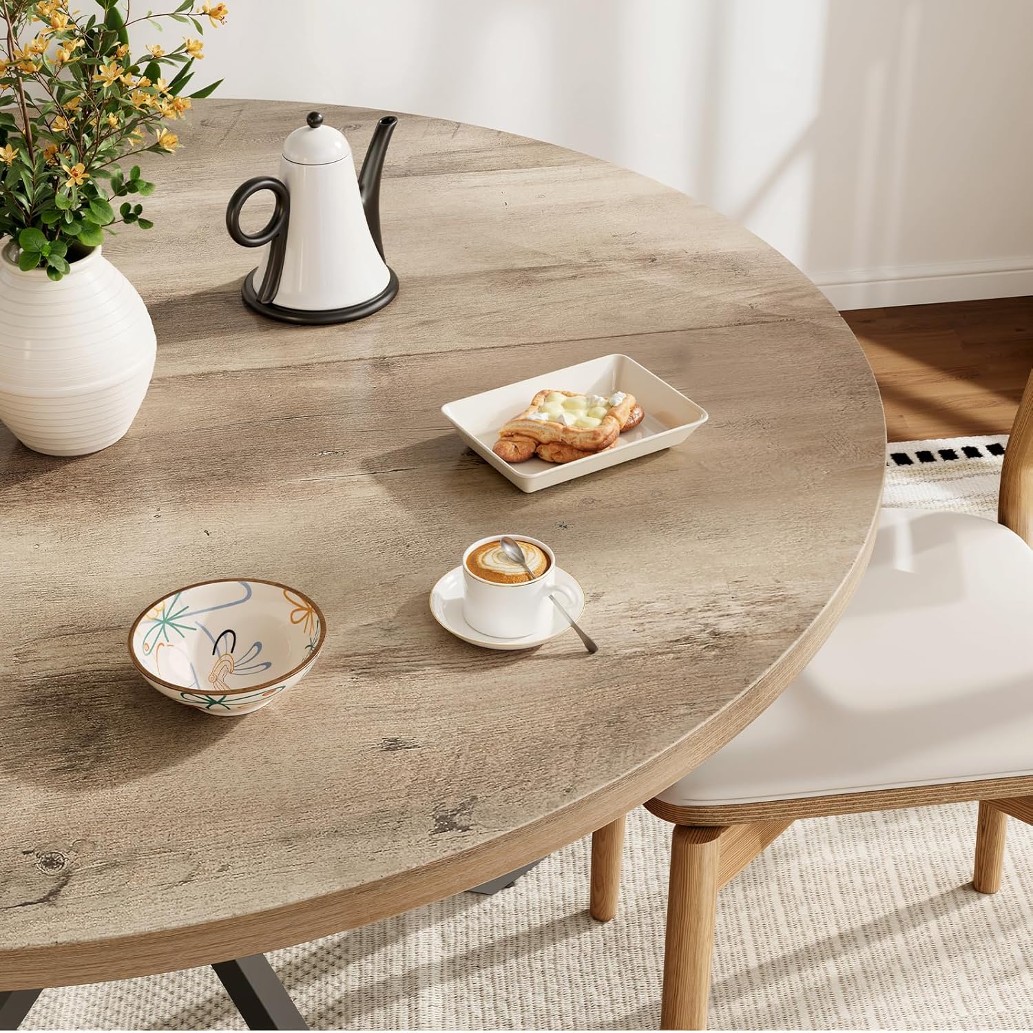 Vantic 47" Round Dining Table for 4-6 People, Farmhouse Wood Kitchen Table for Small Space, Circle Dining Table with Metal Base for Kitchen & Living Room, Ivory