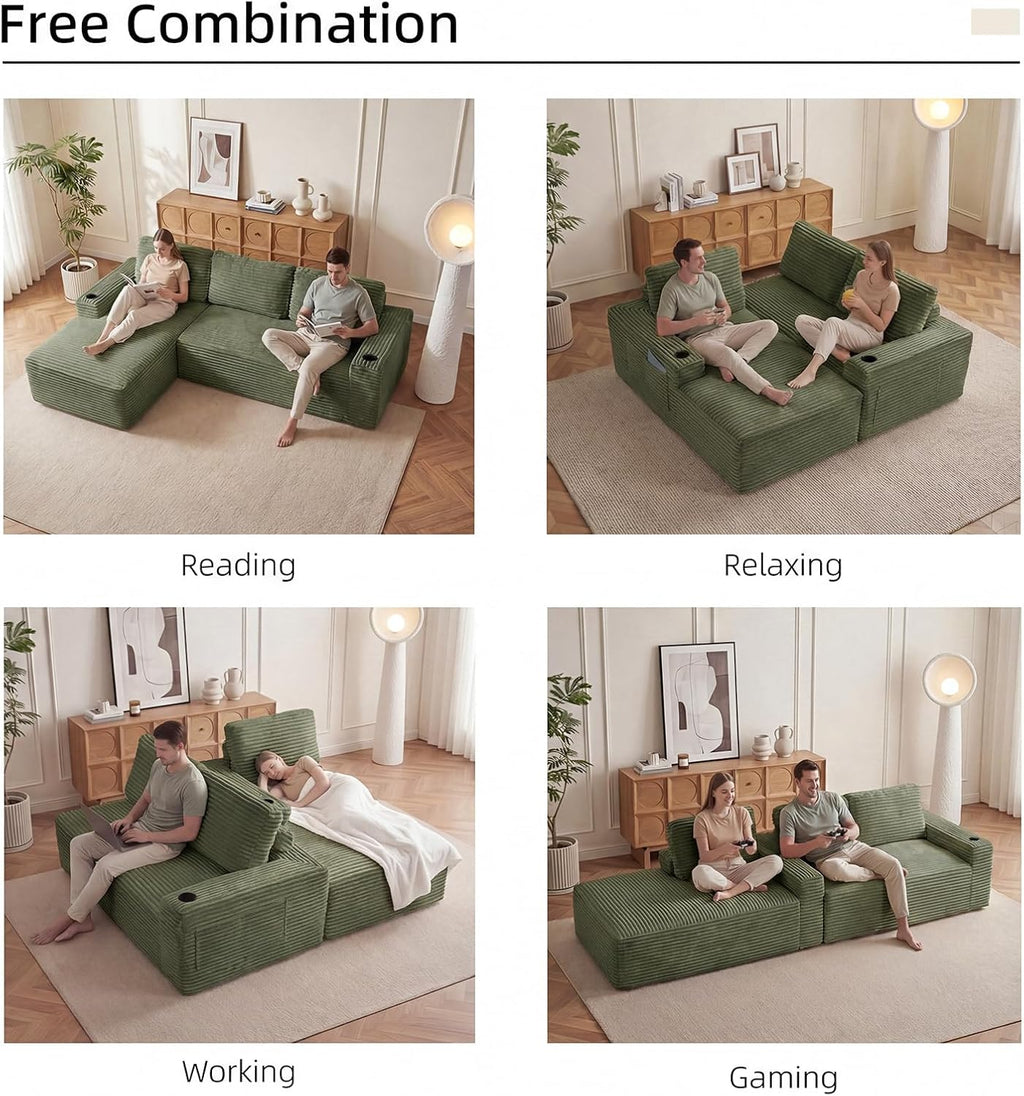 104" L Shaped Boneless Sectional Couches for Living Room, Comfy Corduroy Floor Cloud Sofa with Chaise and Cup Holder, Wide Armrest, Deep Seat, Assembly Free, Ideal for Small Spaces, Green