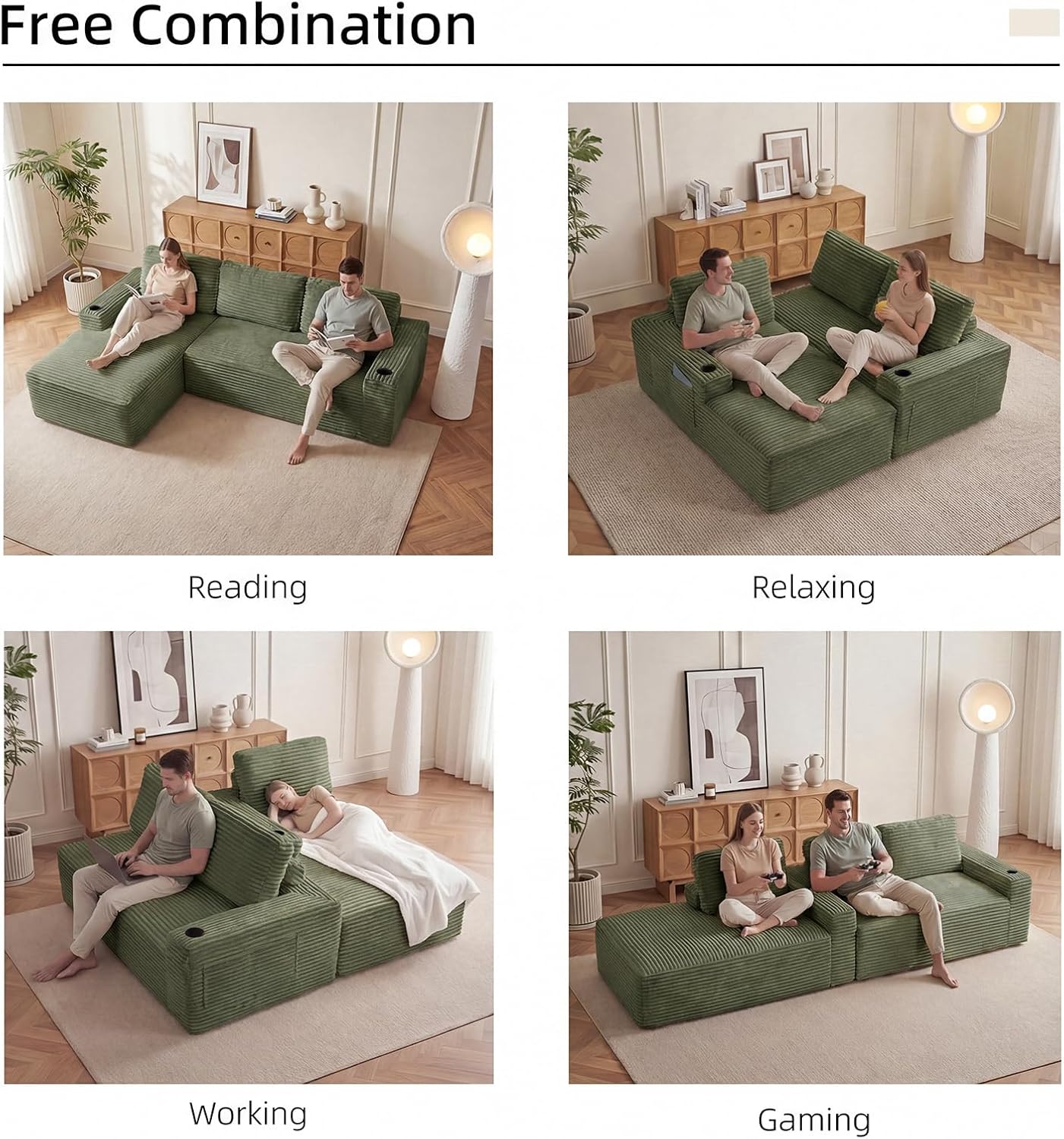 104" L Shaped Boneless Sectional Couches for Living Room, Comfy Corduroy Floor Cloud Sofa with Chaise and Cup Holder, Wide Armrest, Deep Seat, Assembly Free, Ideal for Small Spaces, Green