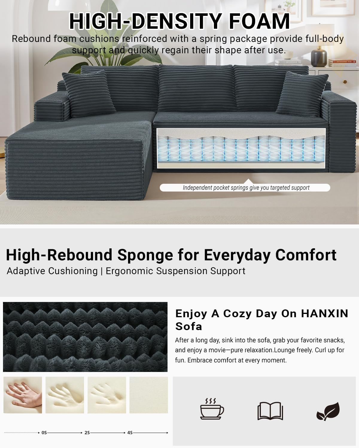 105 Inch Cloud Sectional Couch,Modern Modular Sectional Sofa with Deep Seat,Corduroy Boneless Couches with L-Shape Chaise for Living Room Bedroom,No Assembly Required (Dark Grey, Left Facing Chaise)
